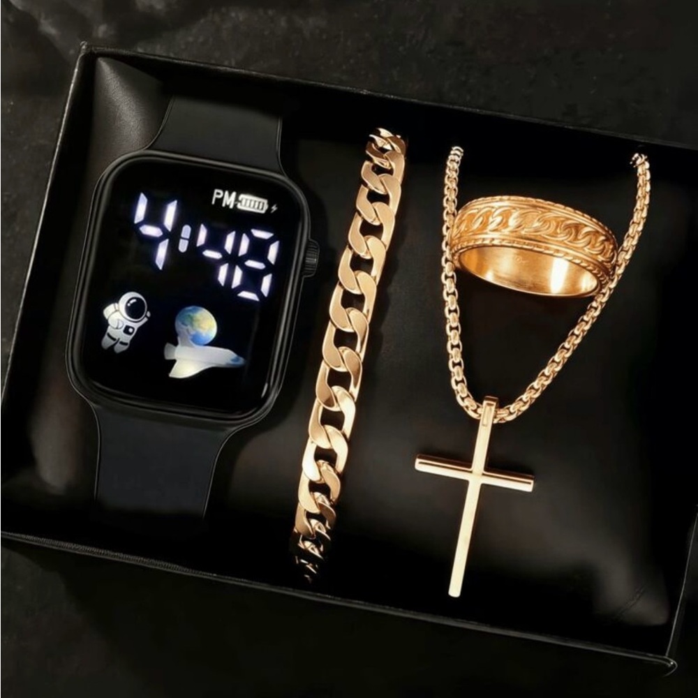 Black Smartwatch and Gold Jewelry Set